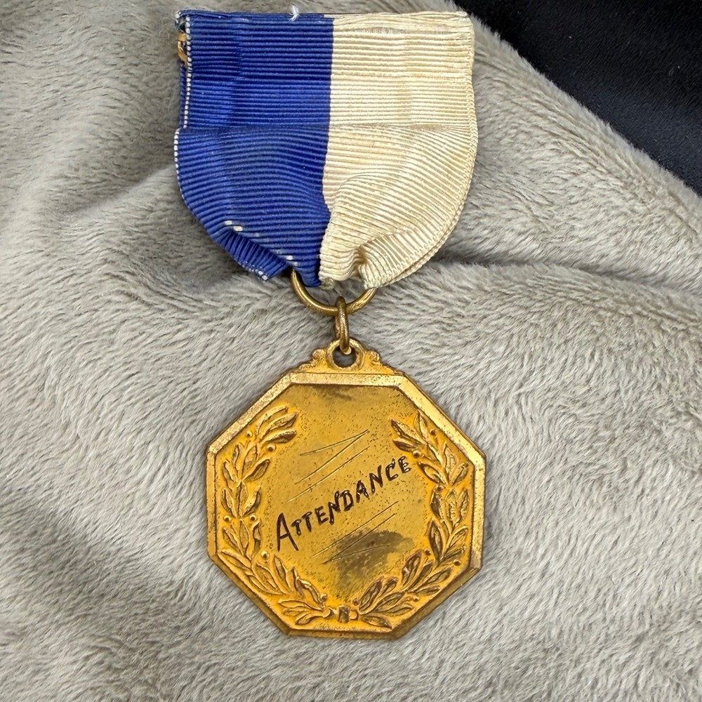 Vintage Estate Attendance Award Medal Gold Tone Engraved JCH 36 Blue Ribbon